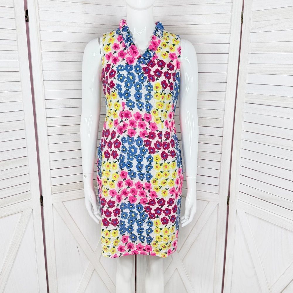 Talbots Petite Floral Eyelet Ruffle Trim Neck Sleeveless Dress‎ White Multi 2P